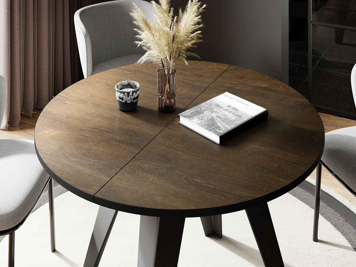 ESSTISCH Glory runder ausziehbarer, Lefkas Eiche 100-140/100/76 cm - Alteiche/Schwarz, Holzwerkstoff/Metall (100/100/76cm) - WFL GROUP