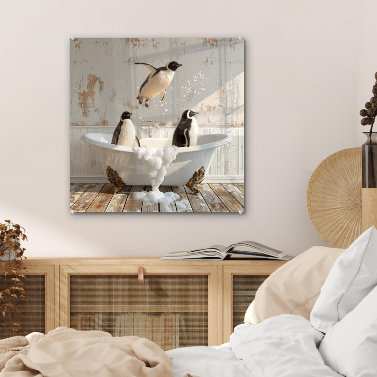 ACRYLGLASBILD Vintage - Pinguin - Badewanne - Schaumstoff 50x50 cm - Schwarz, Glas (50/50cm) - MuchoWow