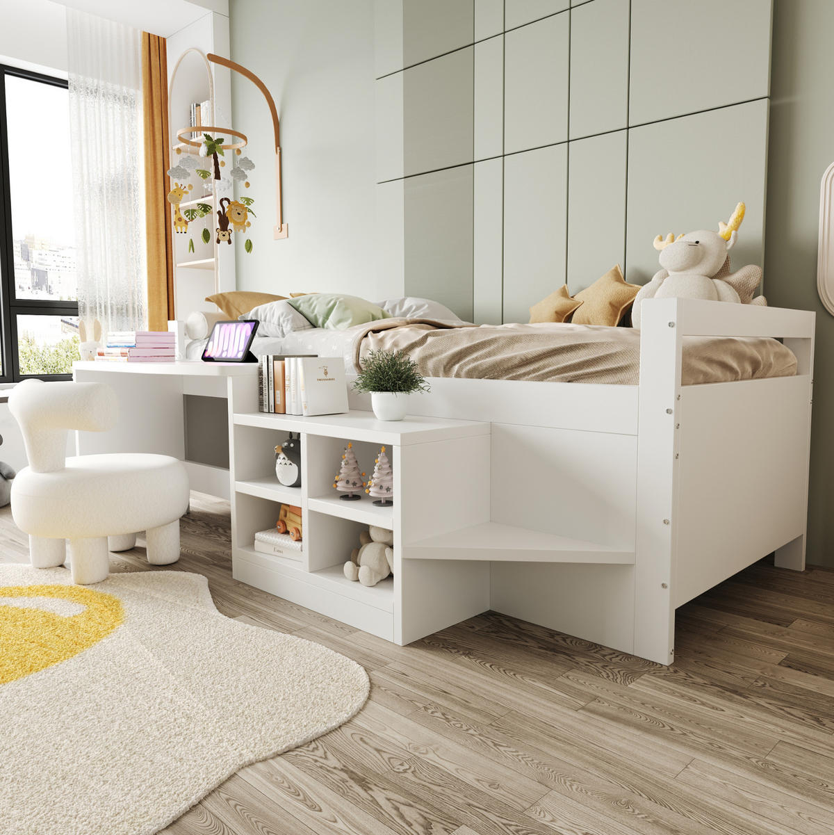 MULTIFUNKTIONSBETT 90/200 cm, Weiß mit Schreibtisch, USB-Steckdose - Weiß, Holz (90/200cm) - MIVRAY
