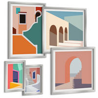 BILDER SET 5er Set - 50x50 cm & 20x30 cm & 40x60 cm Silberner Rahmen - Farbenfrohe moderne Gebäude - Silberfarben, Kunststoff (40/60cm) - TULUP