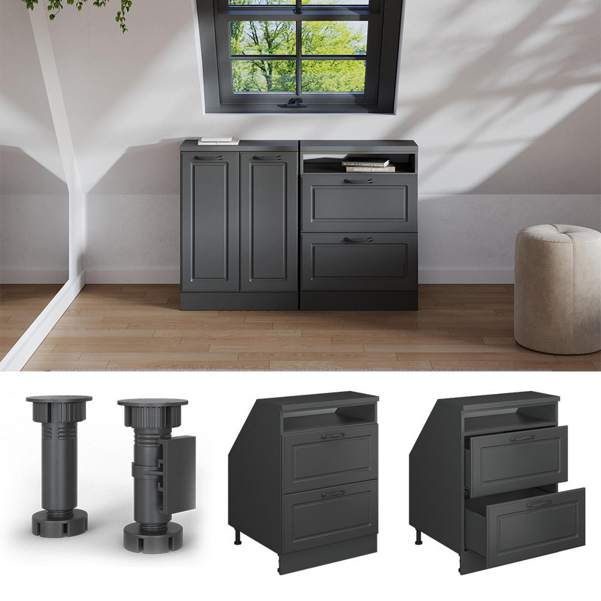 DACHSCHRÄGENSCHRANK Rion Anthrazit Landhaus 60 x 81.6 cm mit 2 Schubladen, Schrankkorpus 60 cm Tiefe - Anthrazit, Holzwerkstoff (60/83.8/60cm) - Vicco