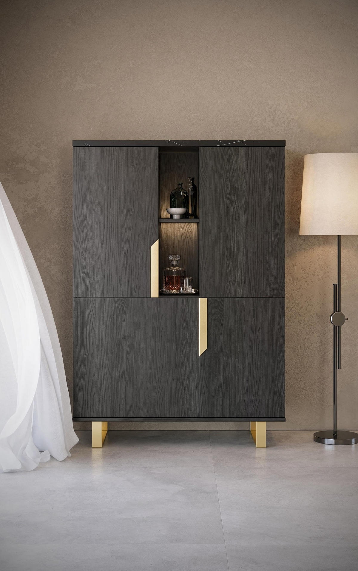 WOHNZIMMERSCHRANK ORION 2-Türig in Rosenholzoptik mit Marmoroptik - Goldfarben/Schwarz, Holzwerkstoff/Metall (110/159/49cm) - Interdesign24