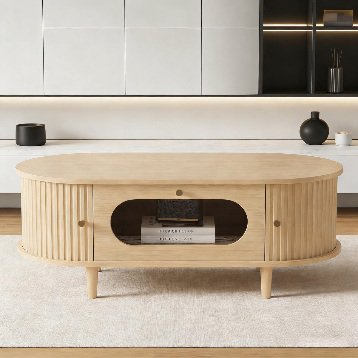 COUCHTISCH in Eichefarben Sofatisch mit Schublade und Rolltür, Sofa- und Beistelltisch mit 4 Stützbeinen, B100/T50/H36cm - Eichefarben, Glas/Holzwerkstoff (50/100/36cm) - STILVORA
