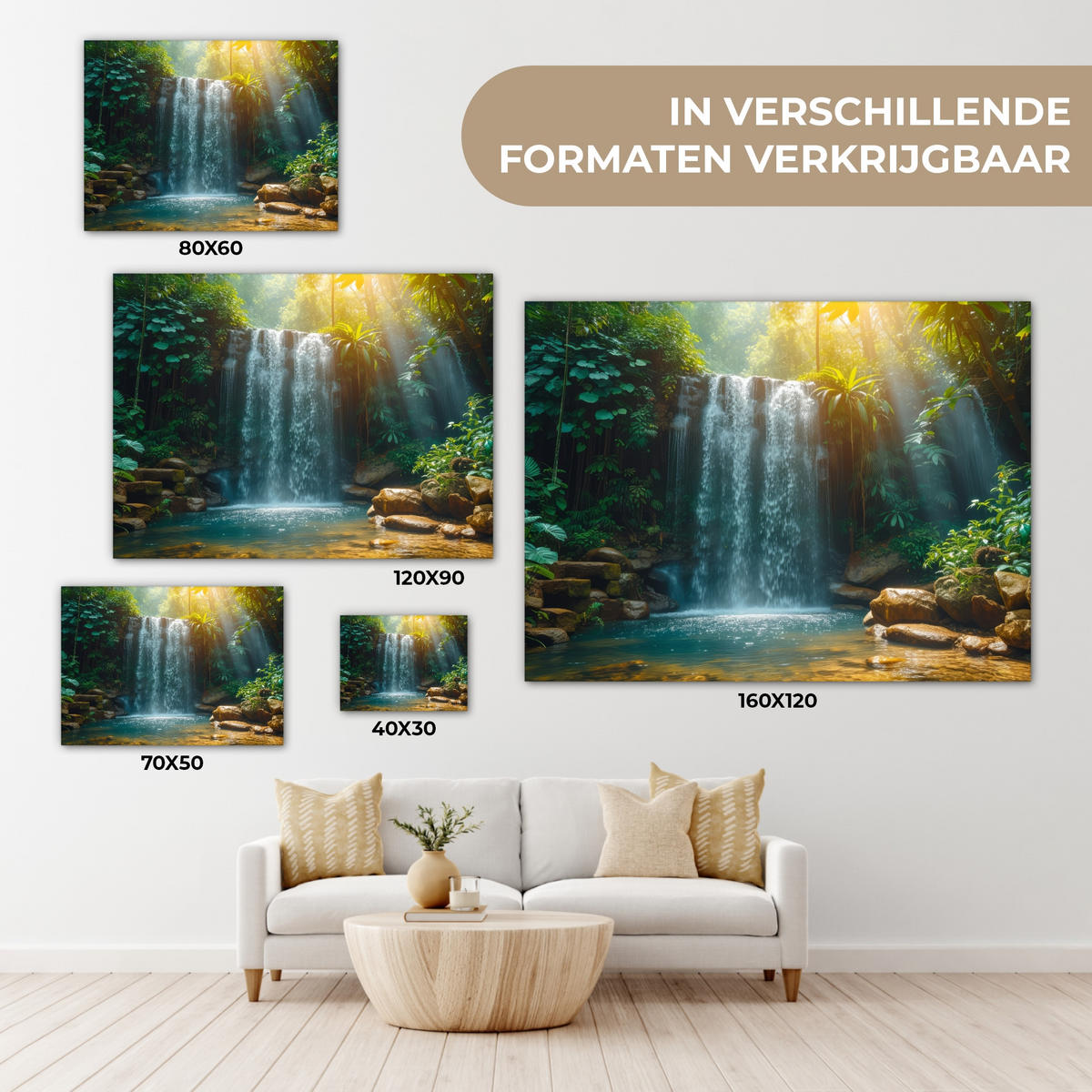 LEINWANDBILD Wasserfall - Dschungel - Sonne - Grün - Natur Wandbild 40x30 cm - Grün, Textil (40/30cm) - MuchoWow