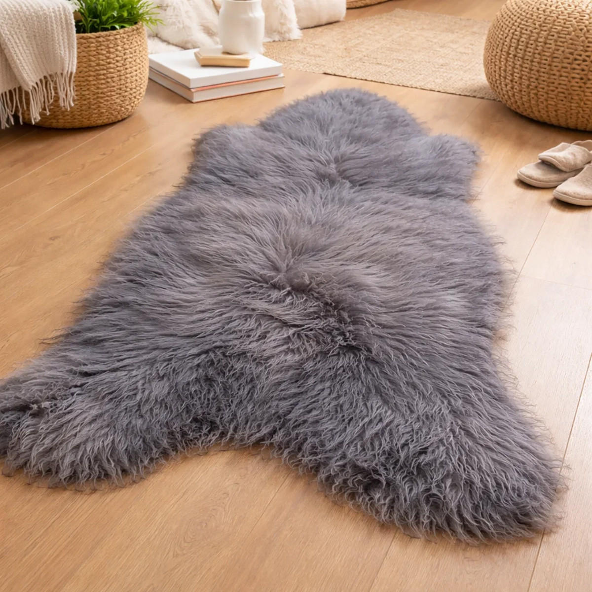 LAMMFELL Öko Schaffell grau langhaar 2. Wahl Teppich ca. 125 cm - Dunkelgrau/Grau, Fell (75/125cm) - Provellus