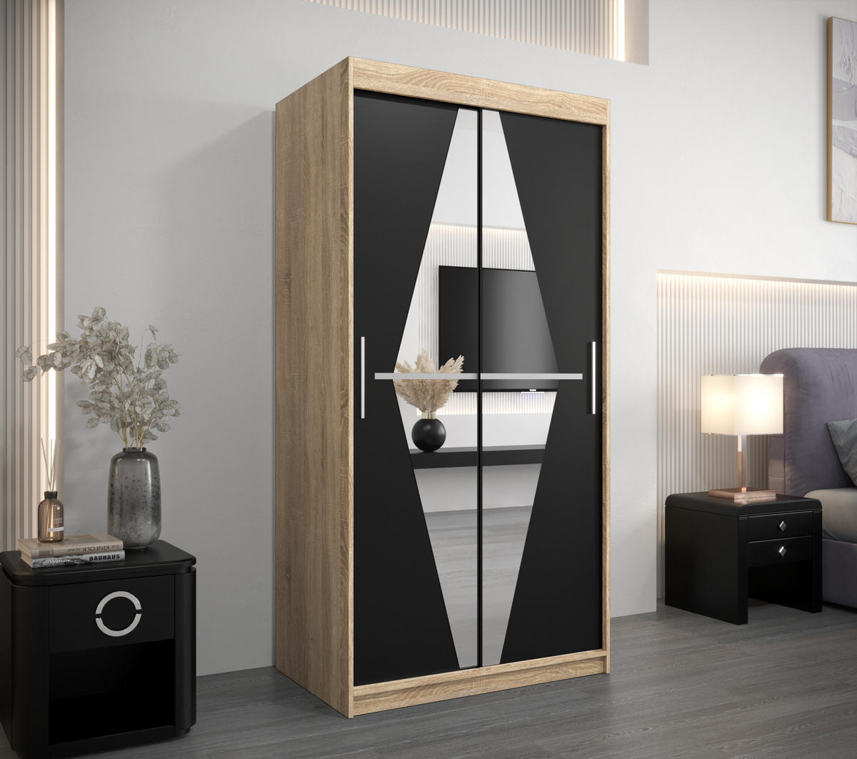 SCHWEBETÜRENSCHRANK 200/100/62 2-türig - Silberfarben/Schwarz, Holz/Kunststoff (100/200/62cm) - Abiks Möbel