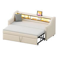 MULTIFUNKTIONSBETT 90/190 cm und 180/190 cm Beige mit Stauraum LED und USB-Anschluss mit Lattenrost Mit Matratze - Beige, Textil (90/190cm) - OKWISH