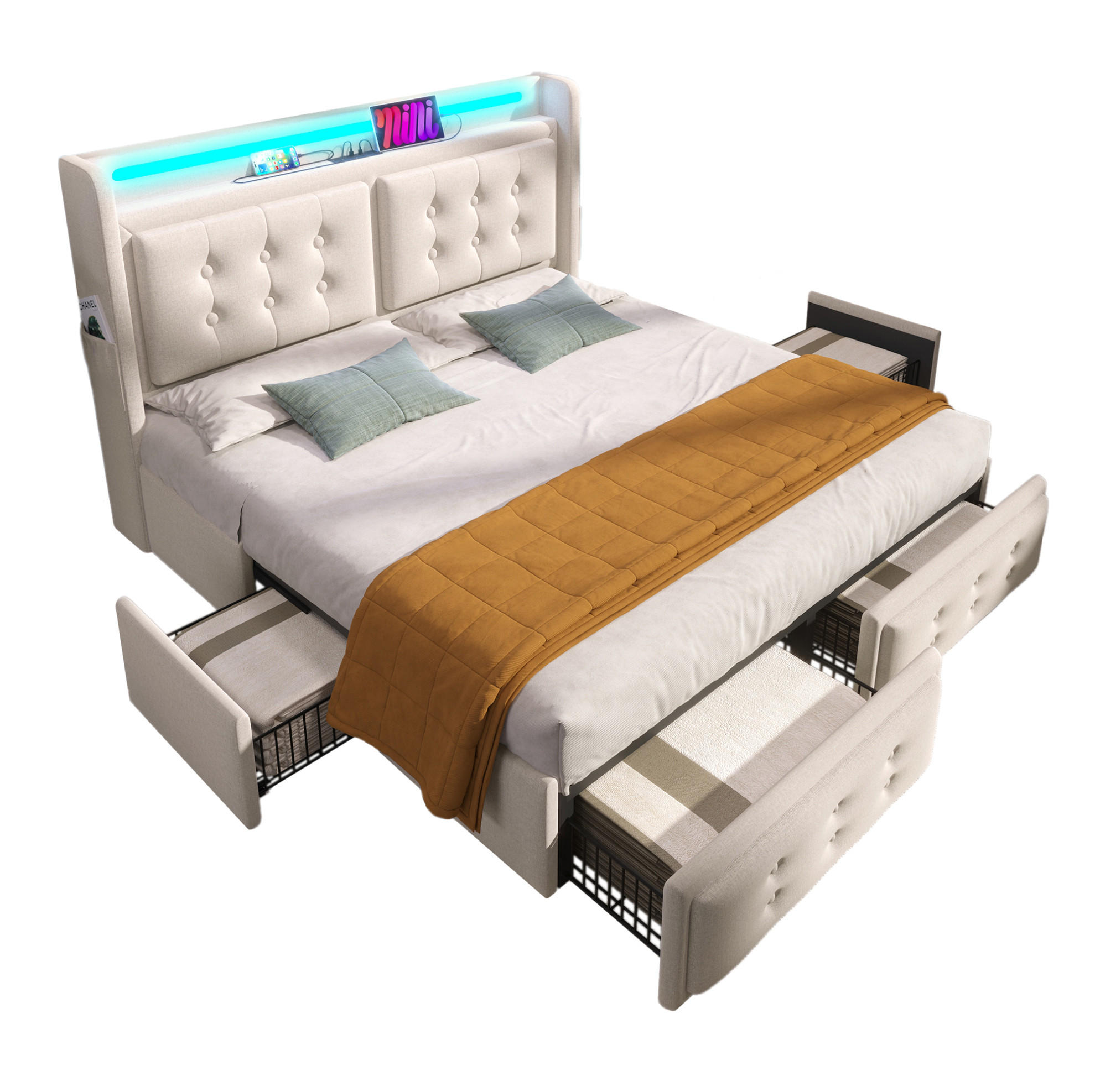 POLSTERBETT 140/200 cm Beige mit LED-Beleuchtung und USB-C-Anschluss - Beige, Textil (140/200cm) - OKWISH