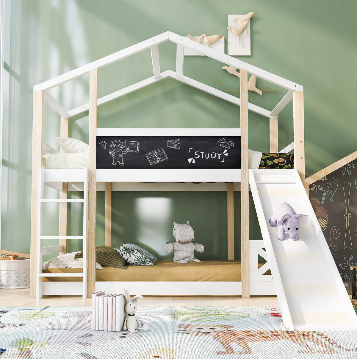 ETAGENBETT Baumhaus 90/200 cm Weiß mit Rutsche und Leiter - Weiß, Holz (90/200cm) - OKWISH