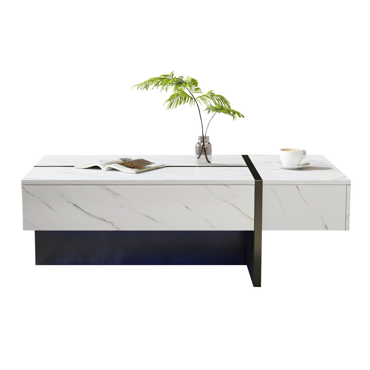 COUCHTISCH aus Spanplatte 105x60x35 cm Weiß mit 3 Schubladen, LED-Beleuchtung und Hochglanzplatte mit Marmormuster - Weiß, Holzwerkstoff (105/60/35cm) - Modfu