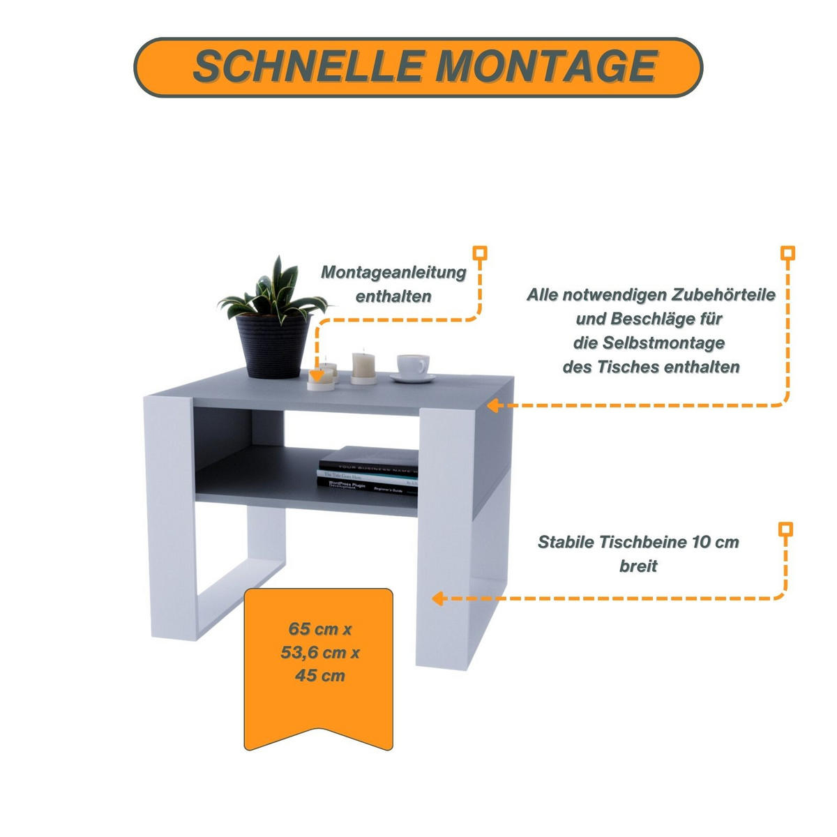 COUCHTISCH Holzwerkstoff rechteckig stabil Dunkelgrau 45/53,6/65cm - Dunkelgrau/Weiß, Holzwerkstoff (53.6/65/45cm) - CraftPAK