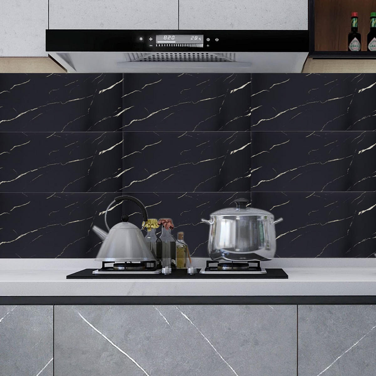 WANDPANEELE 1.8m²/10-TLG. Wasserdicht Selbstklebend Marmormuster Schwarz - Schwarz, Kunststoff (30/60/0.2cm) - Livingandhome