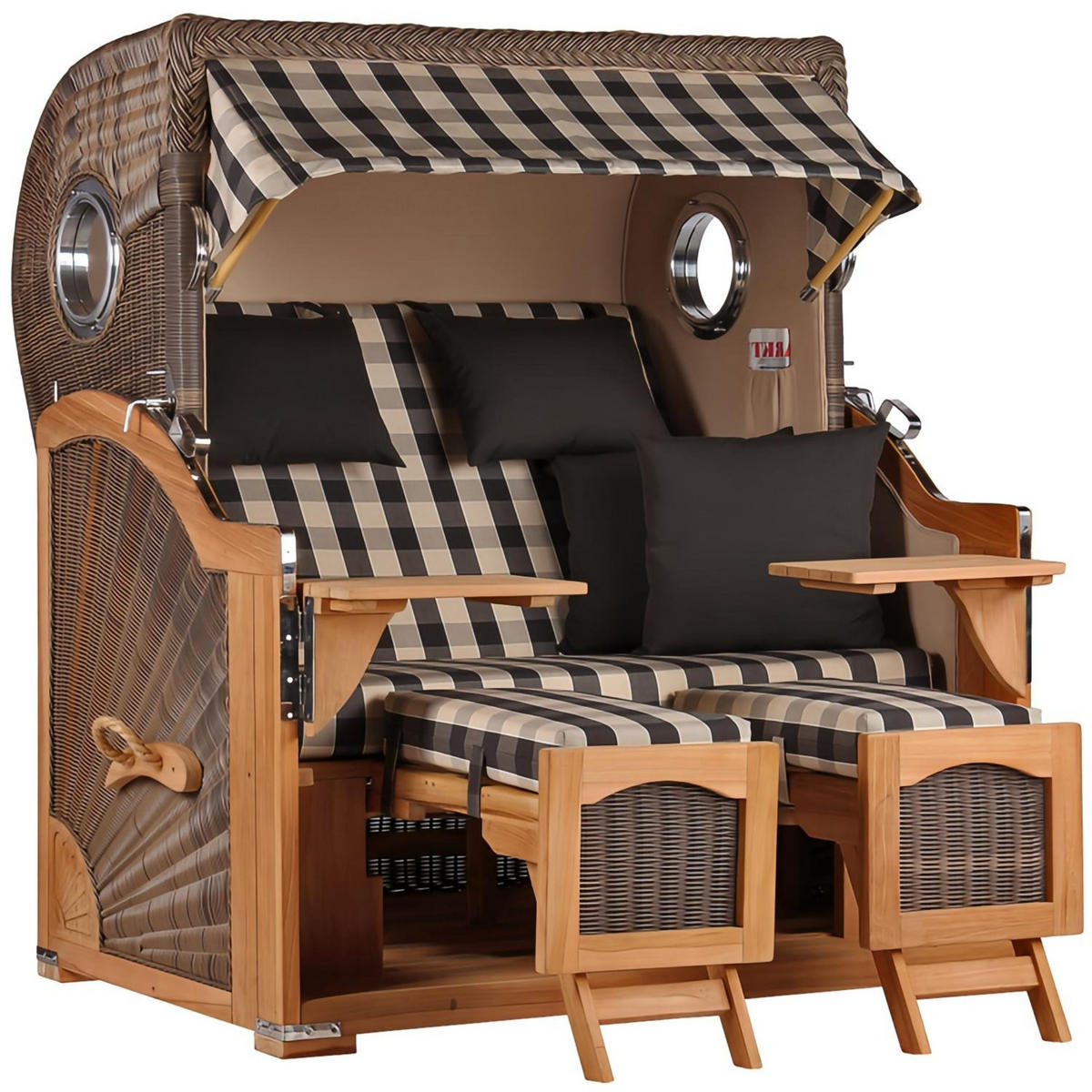 STRANDKORB Düne Grande Bullauge Teak PE Grey Dessin 505 - Braun/Grau, Metall (142/170/95cm) - Mr. Deko