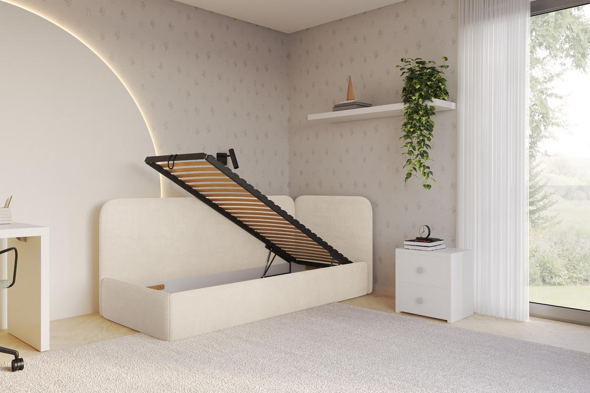 EINZELLBETT Jugendbett mit Bettkasten und Matratze H3/H4, Links - ELSY 100x200 Beige - Creme, Holzwerkstoff/Textil (100/200cm) - ALTDECOR