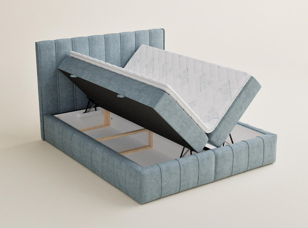 BOXBETT Moretti 160/200 cm, in Hellblau, Bettkasten, Matratze, Topper - Schwarz/Hellblau, Holz/Holzwerkstoff (140/200cm) - Maison de Reve