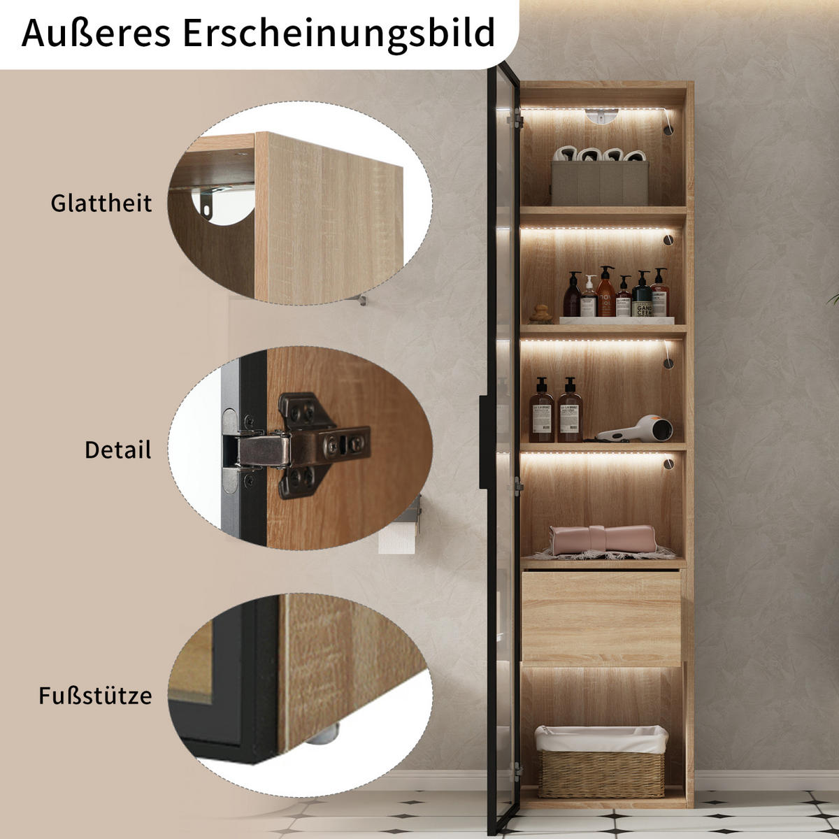 HOCHSCHRANK,BADEZIMMERSCHRANK mit LED Beleuchtung - Naturfarben, Holz (40/165/34cm) - PARAFTA HOME