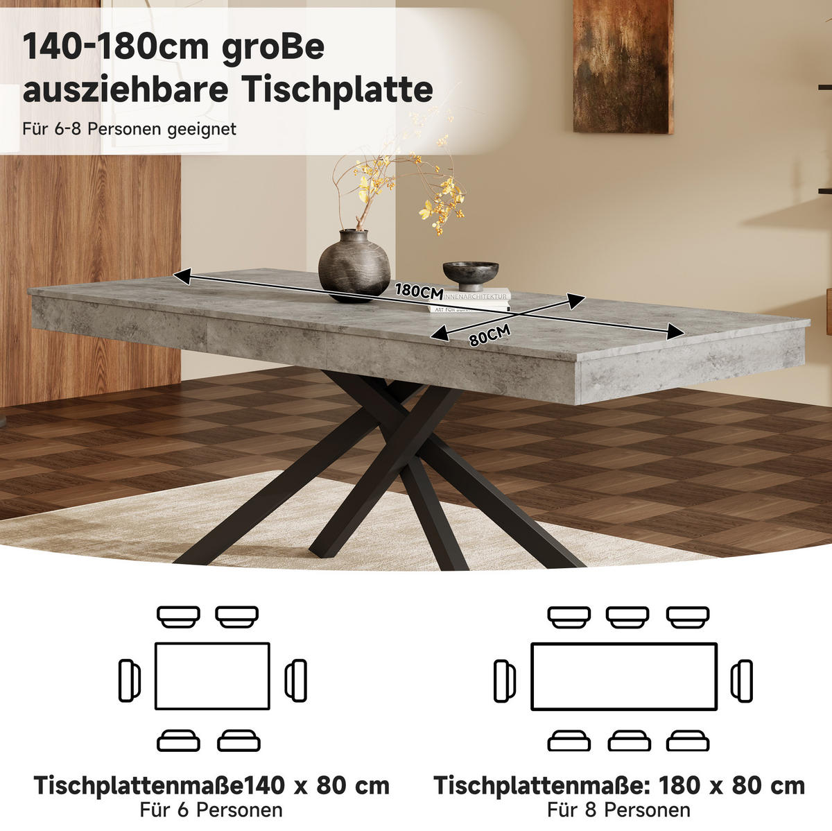 AUSZIEHBARER Esstisch aus MDF 140/180x80 cm Grau mit dicker Tischplatte und stabilem Kreuzbeingestell - Grau, Holzwerkstoff (180/80/76cm) - Modfu