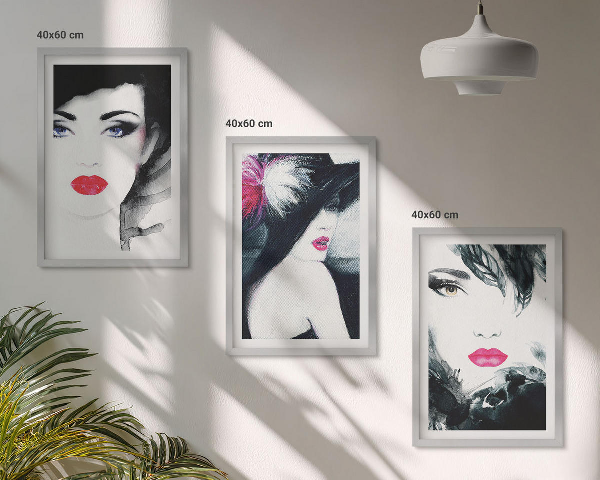 WANDBILDER 3er Set - 40x60 cm Silberner Rahmen - Porträts von Frauen mit Lippen - Silberfarben, Kunststoff (40/60cm) - ArtPrintCave