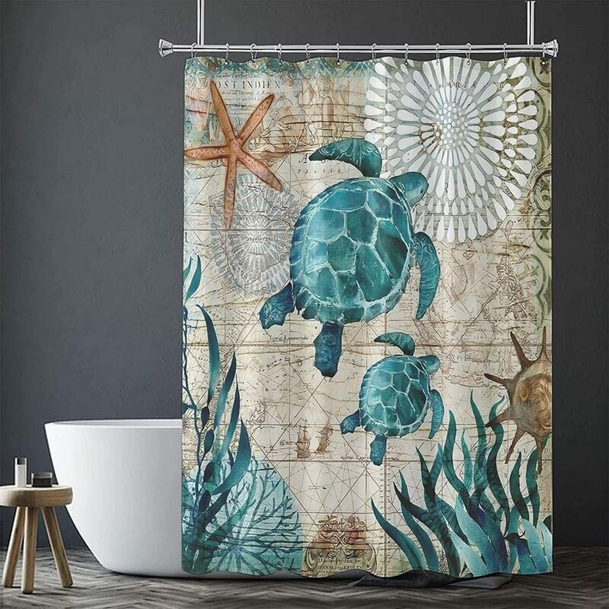 DUSCHVORHANG Schildkröte Meer Polyester wasserdicht maschinenwaschbar schnelltrocknend mit Haken - Blau, Textil (180/200cm) - MCBOSON