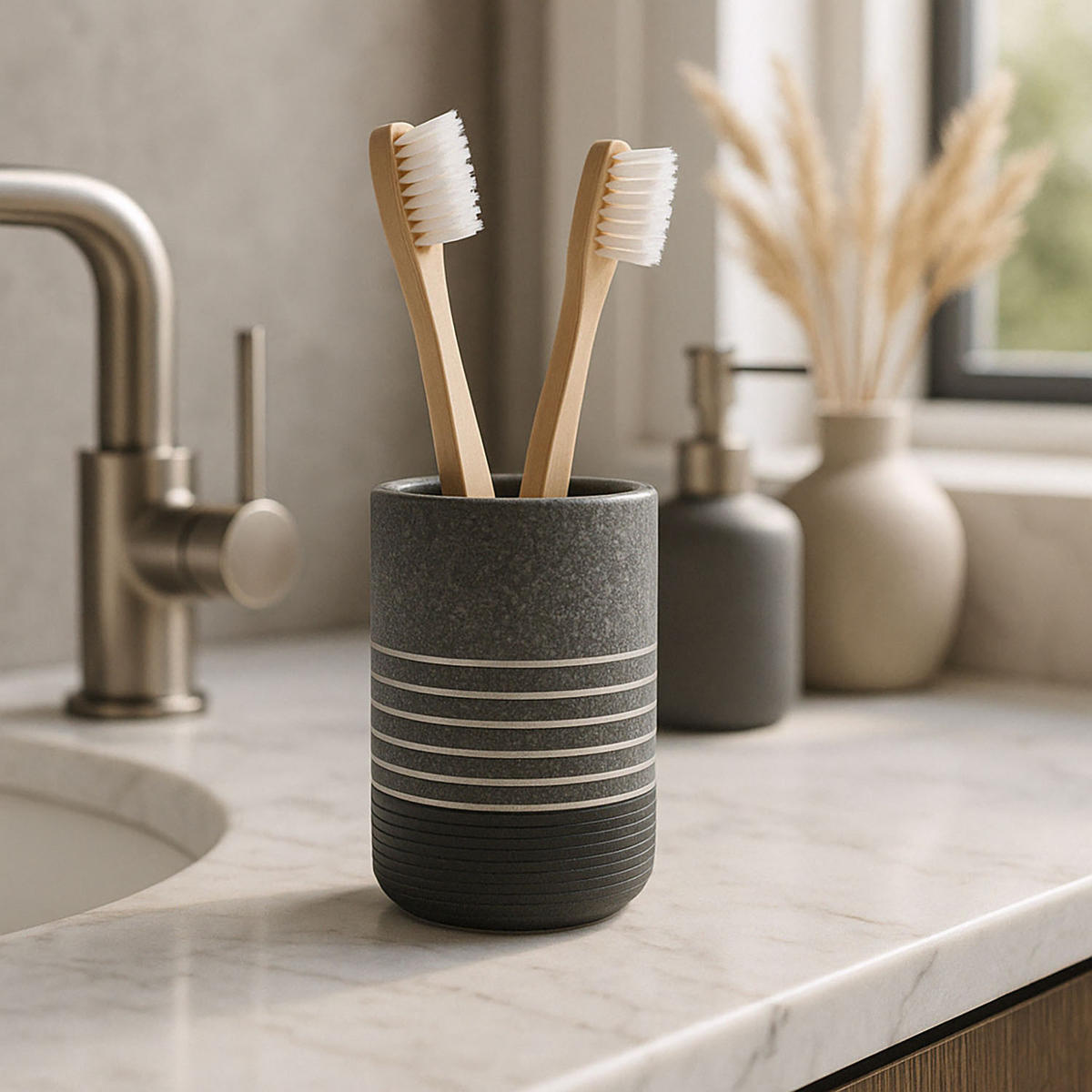 BECHER und Zahnbürstenhalter aus Polyresin 7/7/11 cm - Anthrazit, Kunststoff (7/11/7cm) - 5five Simply Smart