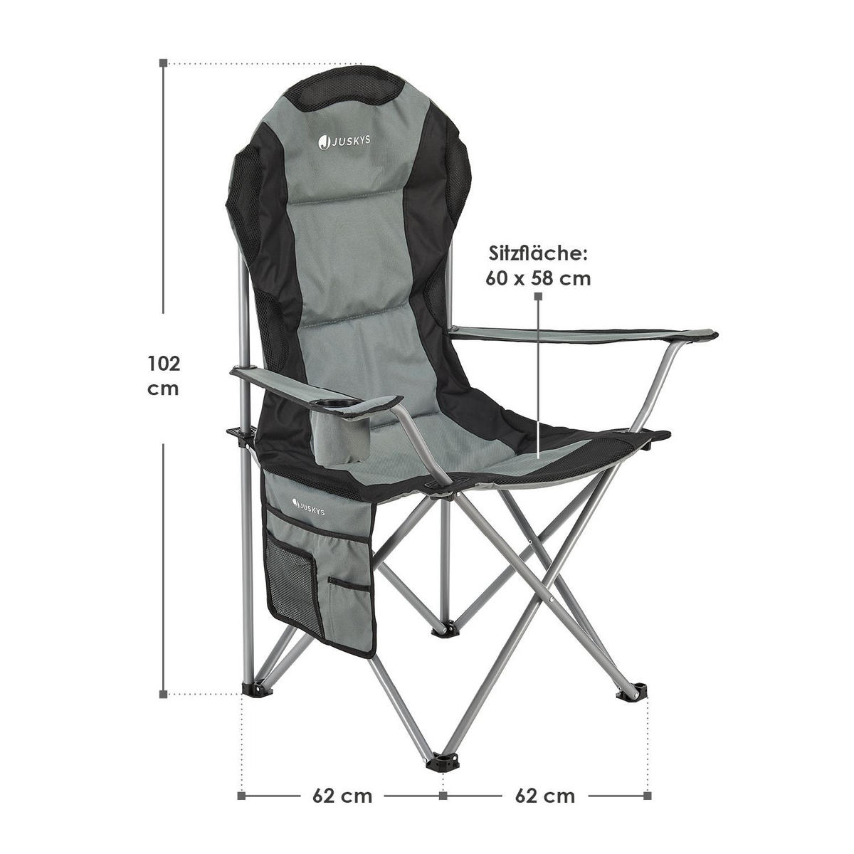 CAMPINGSTUHL Lido grau mit Flaschenhalterung & Tragetasche - Grau, Textil (62/102/62cm) - Juskys