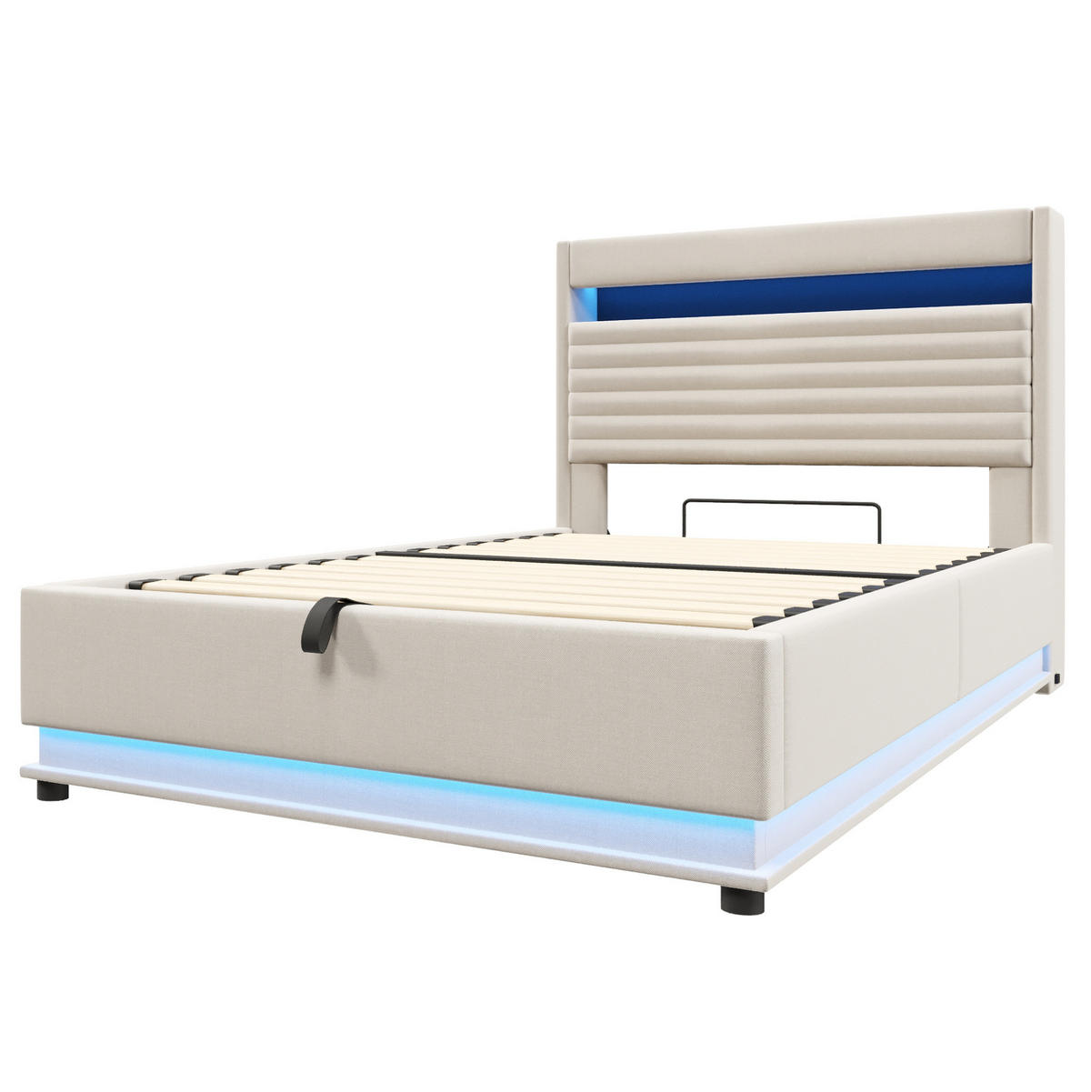 POLSTERBETT mit Stauraum 140x200 cm Leinen Beige mit LED und USB - Beige, Metall (140/200cm) - Meubliv
