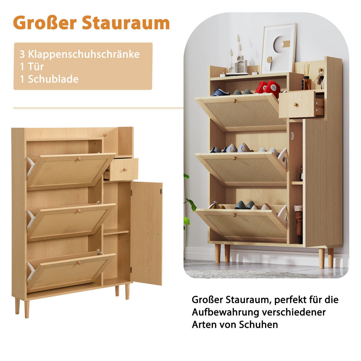 SCHUHSCHRANK Rattan Platzsparender mit 3 Kipp-Türen & 1 Schublade - Eichefarben, Holzwerkstoff (90/125/17cm) - Urban Meuble