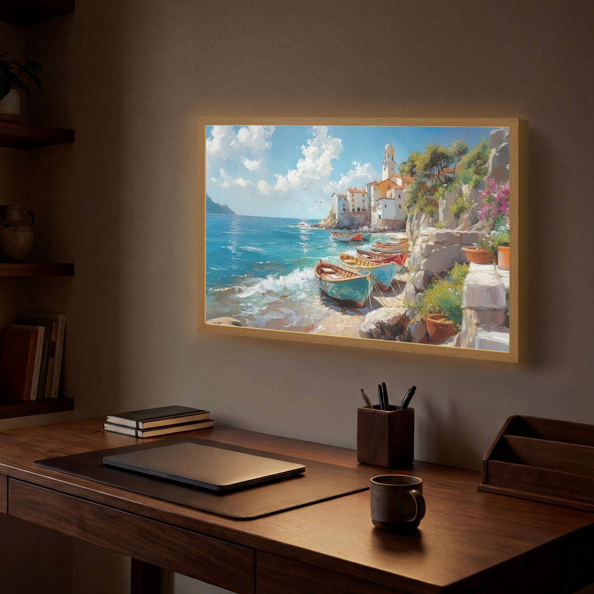 NÁSTĚNNÁ LAMPA S AKUMULÁTOREM Lodě - skály - moře - slunce 60x40 cm - modrá, kompozitní dřevo (60/40/8cm) - OnlyWow