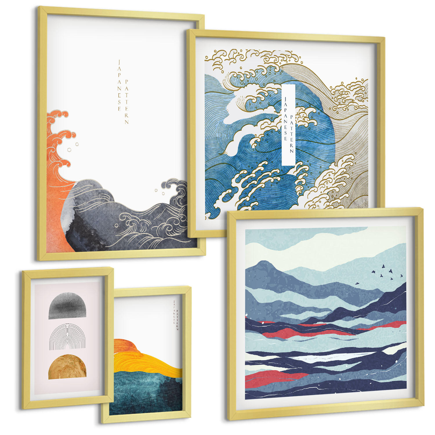BILDER SET 5er Set - 50x50 cm & 20x30 cm & 40x60 cm Goldrahmen - Stilvolle moderne Blumen - Goldfarben, Kunststoff (40/60cm) - TULUP
