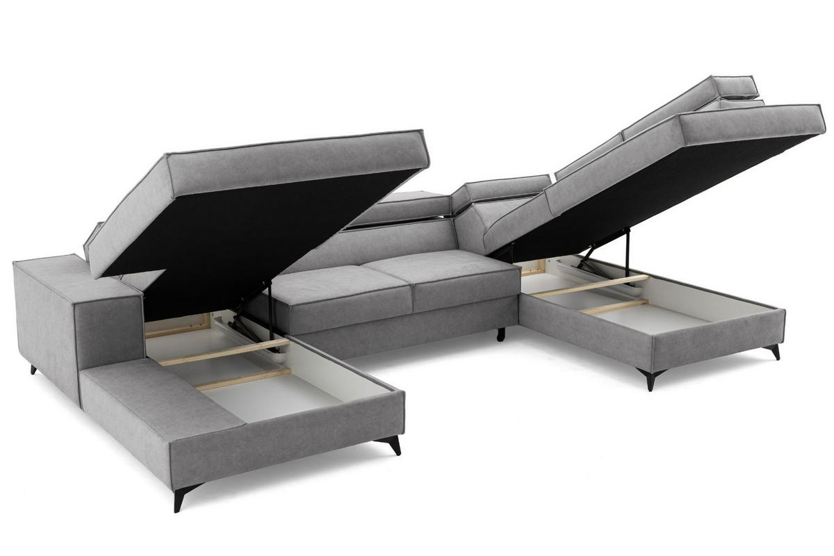 ECKSOFA PURE U Rechts mit Schlaffunktion 127x270 Velours Hellgrau - Hellgrau/Schwarz, Holz/Textil (204/340cm) - Muffo