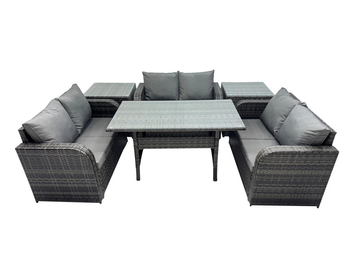 SITZGRUPPE mit Esstisch,Zweisitzer,Beistelltisch Hocker Polyrattan 6-Sitzer - Dunkelgrau/Grau, Glas/Kunststoff - Fimous