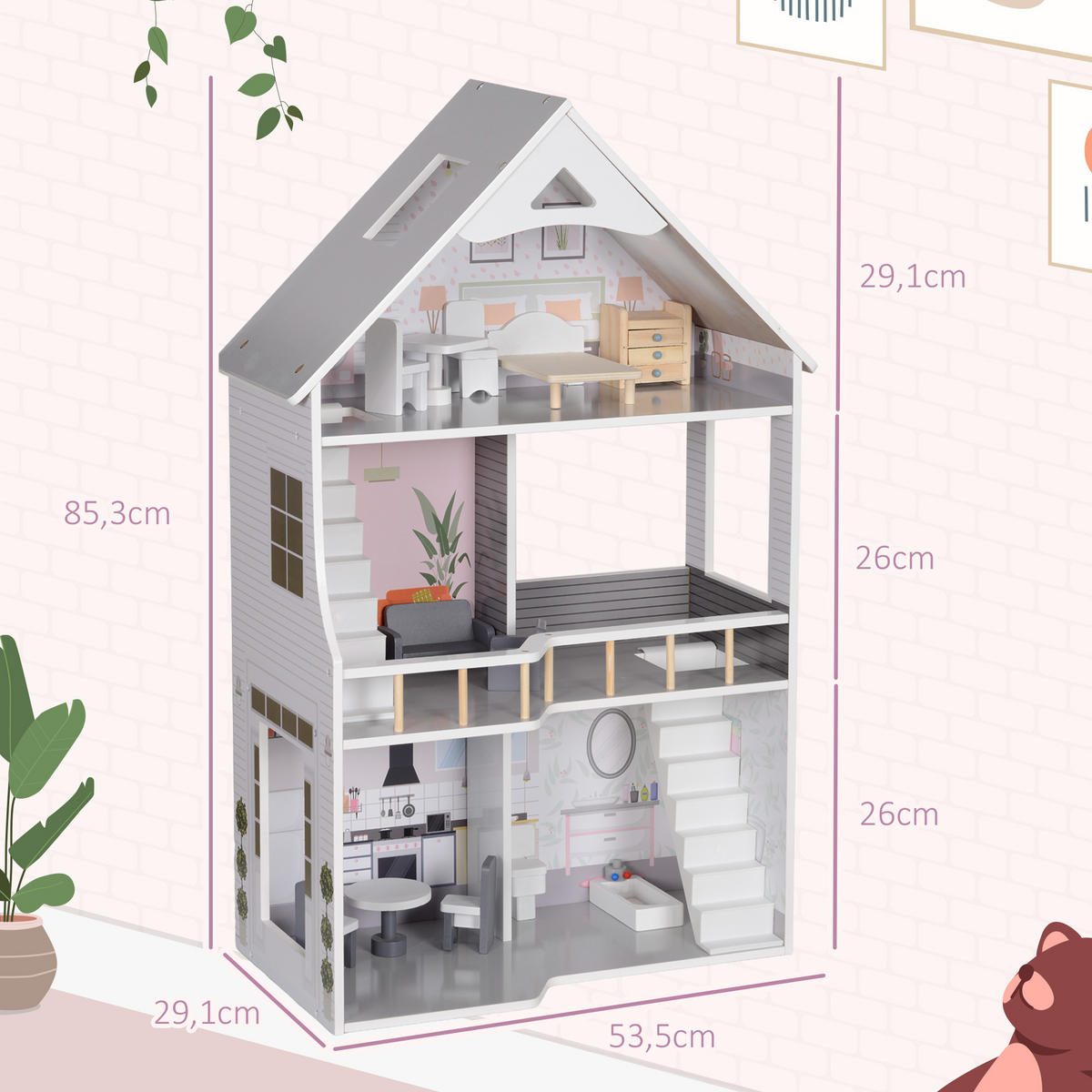 PUPPENHAUS - Grau, Holzwerkstoff (29.1/85.3/53.5cm) - AIYAPLAY