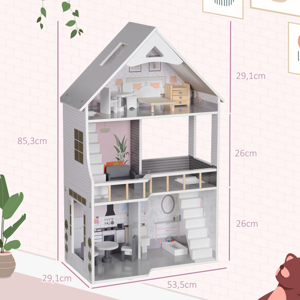 Thumbnail - Aiyaplay Puppenhaus, Grau, Holzwerkstoff, 29.1x85.3x53.5 cm, Spielzeug, Kinderspielzeug, Puppen & Puppenzubehör, Puppenz...