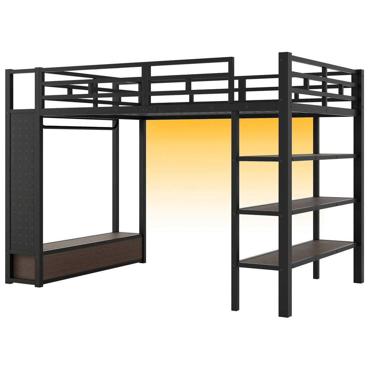 HOCHBETT aus Metall und MDF 140x200 cm Schwarz mit offenem Kleiderschrank und LED-Beleuchtung - Schwarz, Holzwerkstoff (140/200cm) - IVMEU