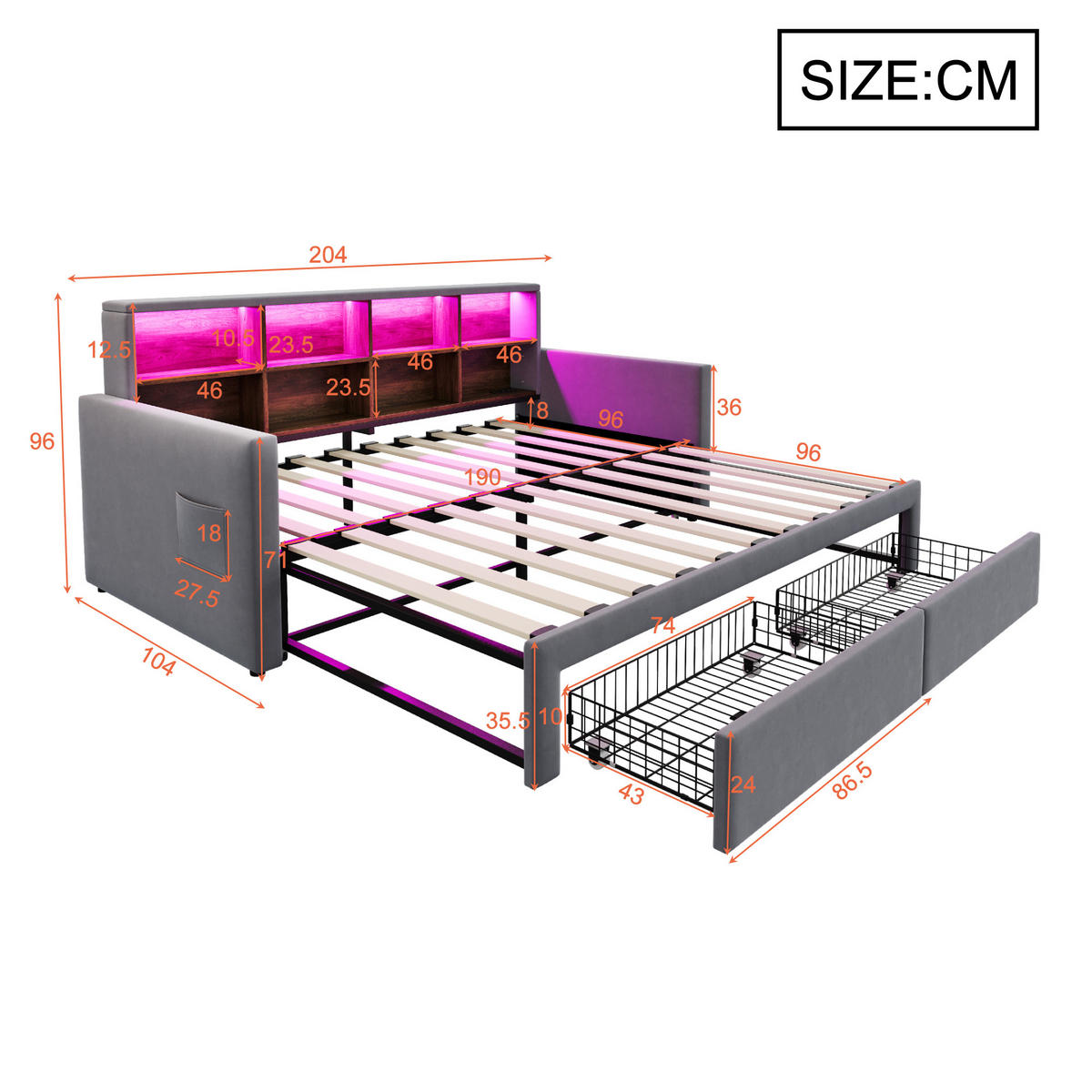 POLSTERBETT 90/190 cm Dunkelgrau aus Samt mit LED-Beleuchtung und Stauraum - Dunkelgrau, Textil (90/190cm) - OKWISH