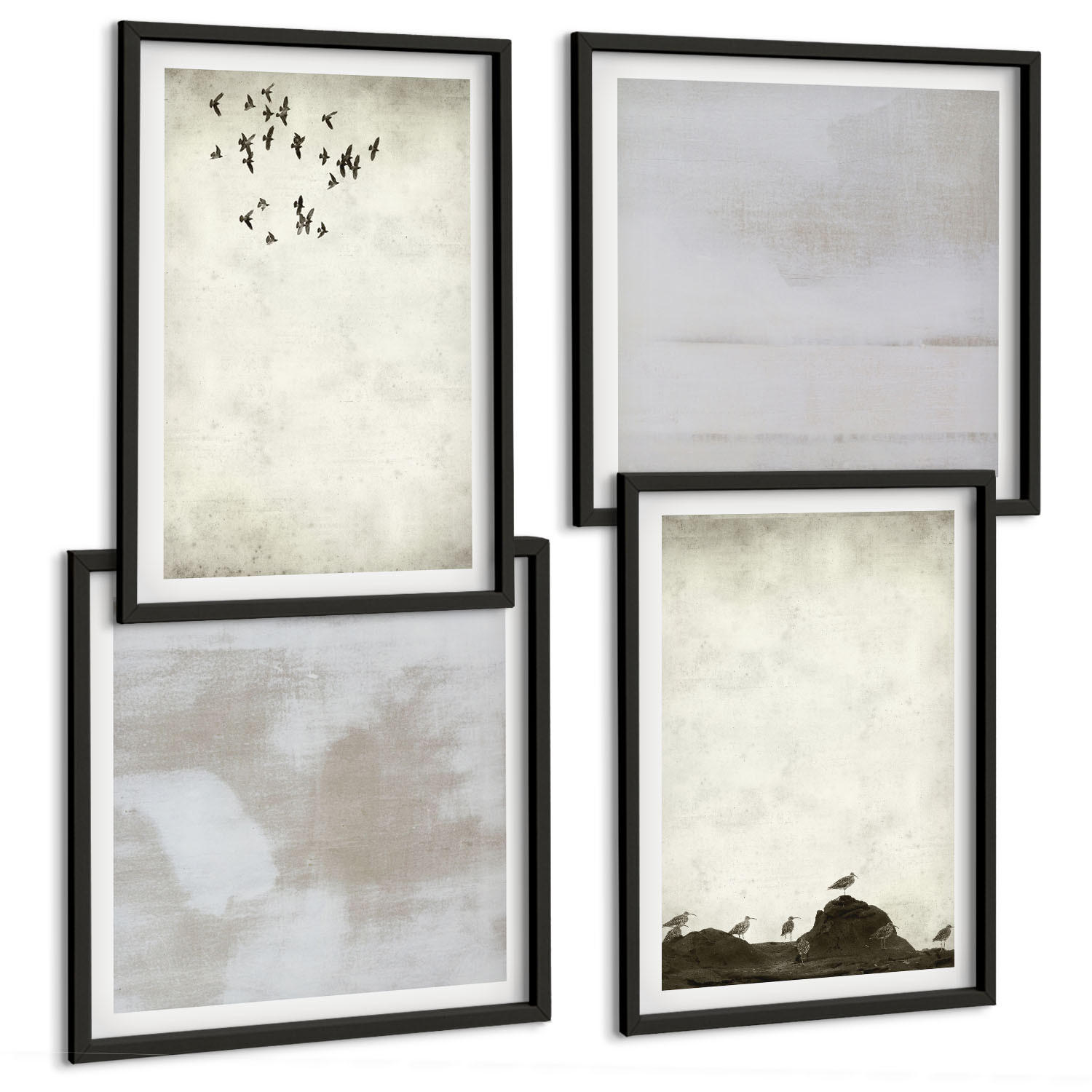 BILDER SET 4er Set - 50x50 cm & 40x60 cm Schwarzer Rahmen - Textur eines Vogelschwarms - Schwarz, Kunststoff (50/50cm) - TULUP