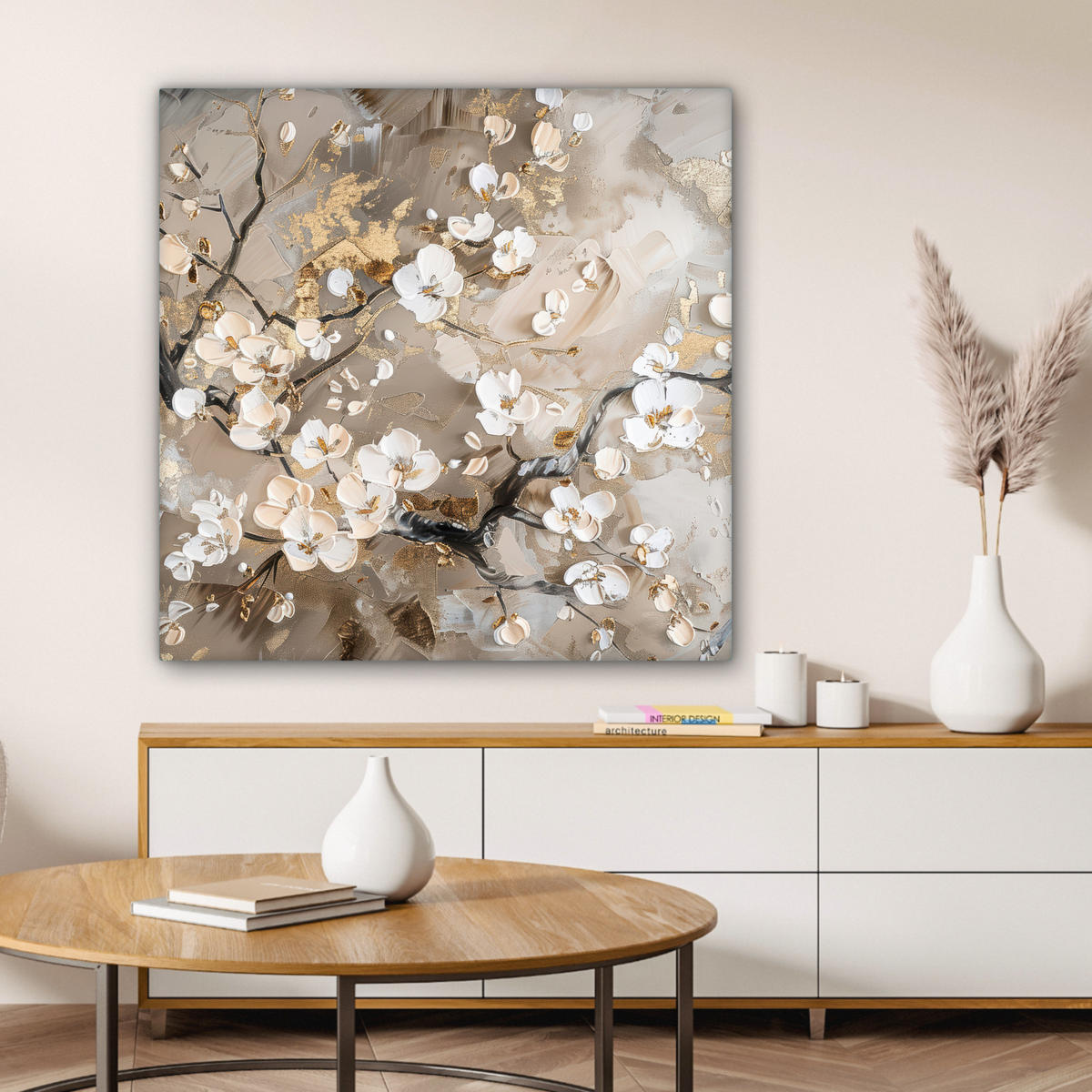 LEINWANDBILD - Blumen - Weiß - Gold - Beige - Luxus - 90x90 - Gemälde - Greige, Textil (90/90cm) - MuchoWow