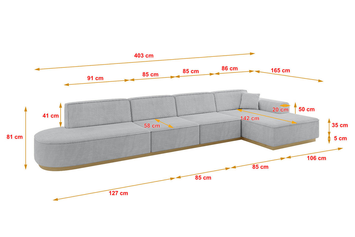 ECKSOFA Ottomane Rechts IREA-L3-v2 - 403x165x81 cm Grau - Grau, Holzwerkstoff/Textil (403/165cm) - ALTDECOR