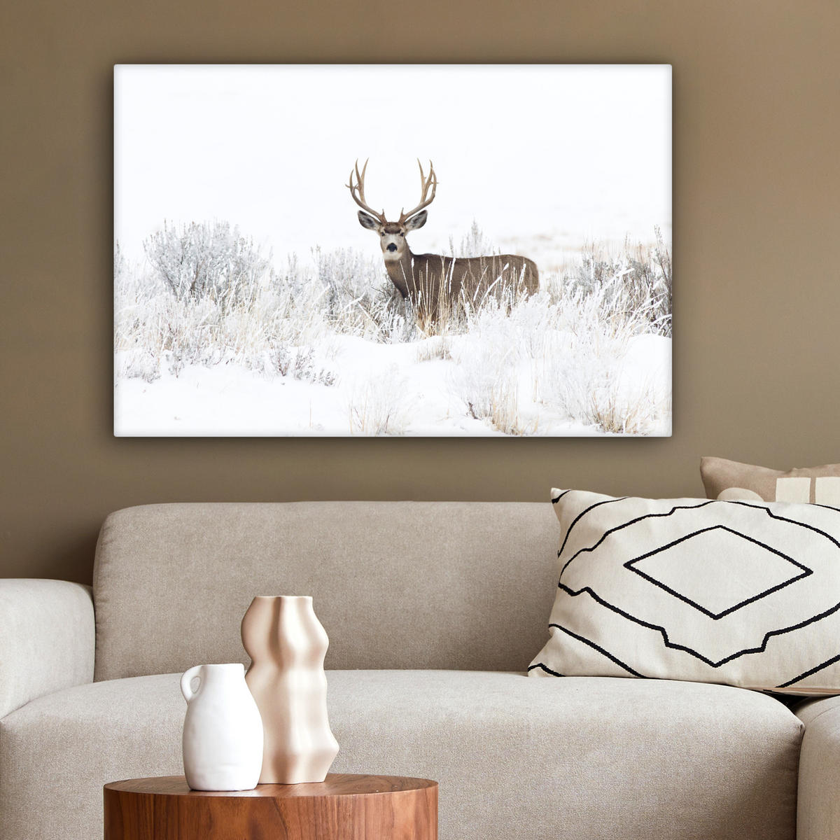 LEINWANDBILD Hirsche - Winter - Schnee - Tiere - Jahreszeiten - Weiß Wanddeko 90x60 cm - Hellbraun, Textil (90/60cm) - MuchoWow