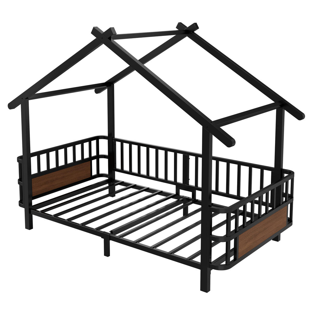 KINDERBETT Hausdesign 90/200 cm Schwarz aus Metall mit Sicherheitsgitter ohne Matratze - Schwarz, Metall (90/200cm) - MIVRAY