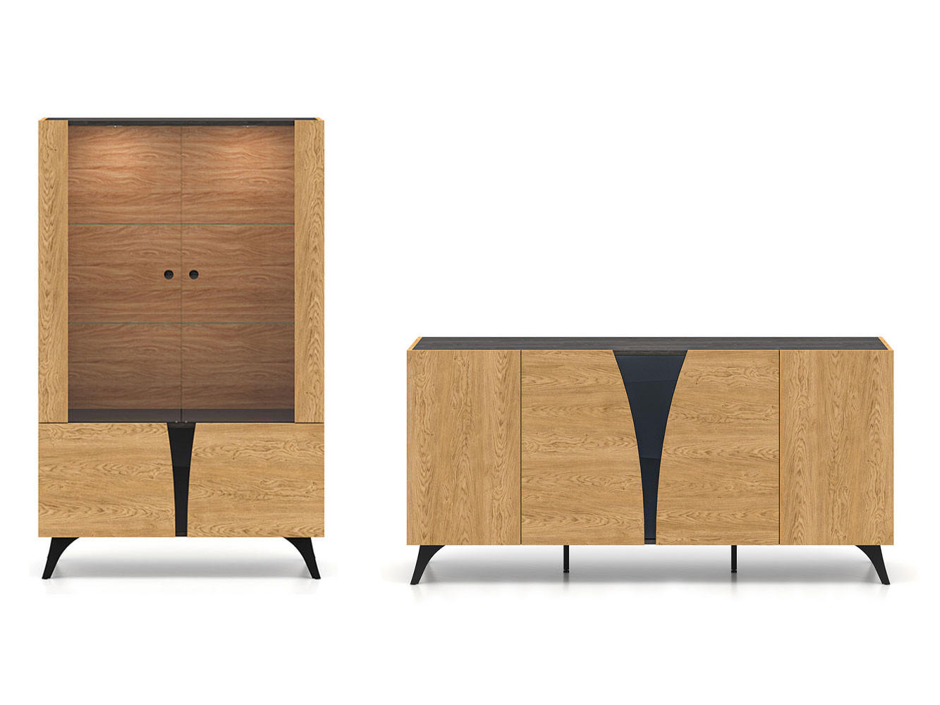 WOHNZIMMER-SET Toscania Eiche / Schwarz 2-teilig - Eichefarben/Schwarz, Holz/Holzwerkstoff (265/152/40cm) - Feldmann-Wohnen