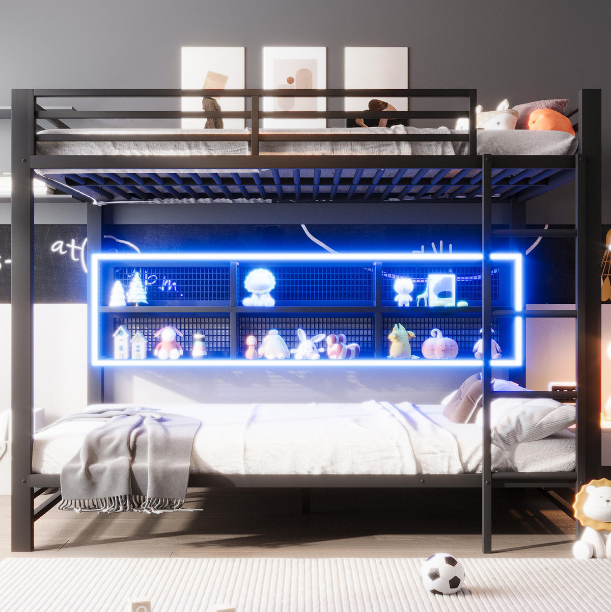 ETAGENBETT mit 6 Stauraumschränken und LED 140x200 cm Metall Schwarz - Schwarz, Metall (140/200cm) - Beauniv