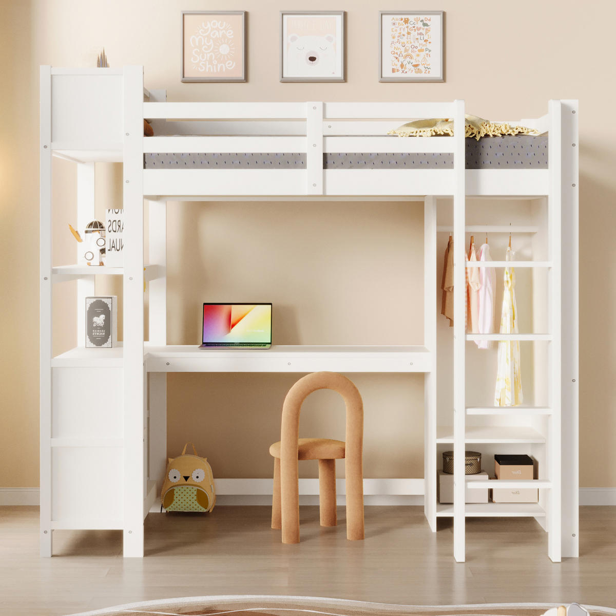 HOCHBETT 90/200 cm Weiß mit Schreibtisch, Regalen und Kleiderschrank - Weiß, Holz (90/200cm) - MIVRAY
