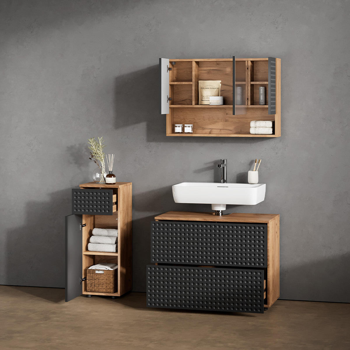 BADMÖBEL-SET Ronco Anthrazit gepunktet 3 Teile, mit Schubladenschrank und Midischrank - Eichefarben/Anthrazit, Holzwerkstoff (80/58/41cm) - Livinity®
