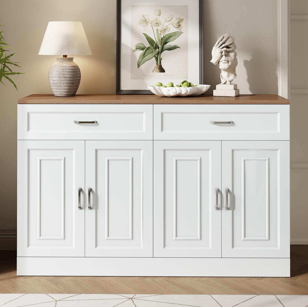 SIDEBOARD mit 4 Türen und 2 Schubladen, Spanplatte, 120/35/80,5 cm, Holzoptik, Weiß - Weiß, Holzwerkstoff (120/80.5/35cm) - Redom