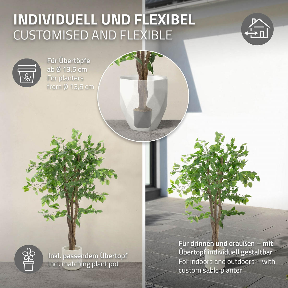 KUNSTPFLANZE Ficus 120 cm mit Naturholzstamm für Innen/Außen - Schwarz/Grün, Kunststoff/Textil (120cm) - ML-DESIGN