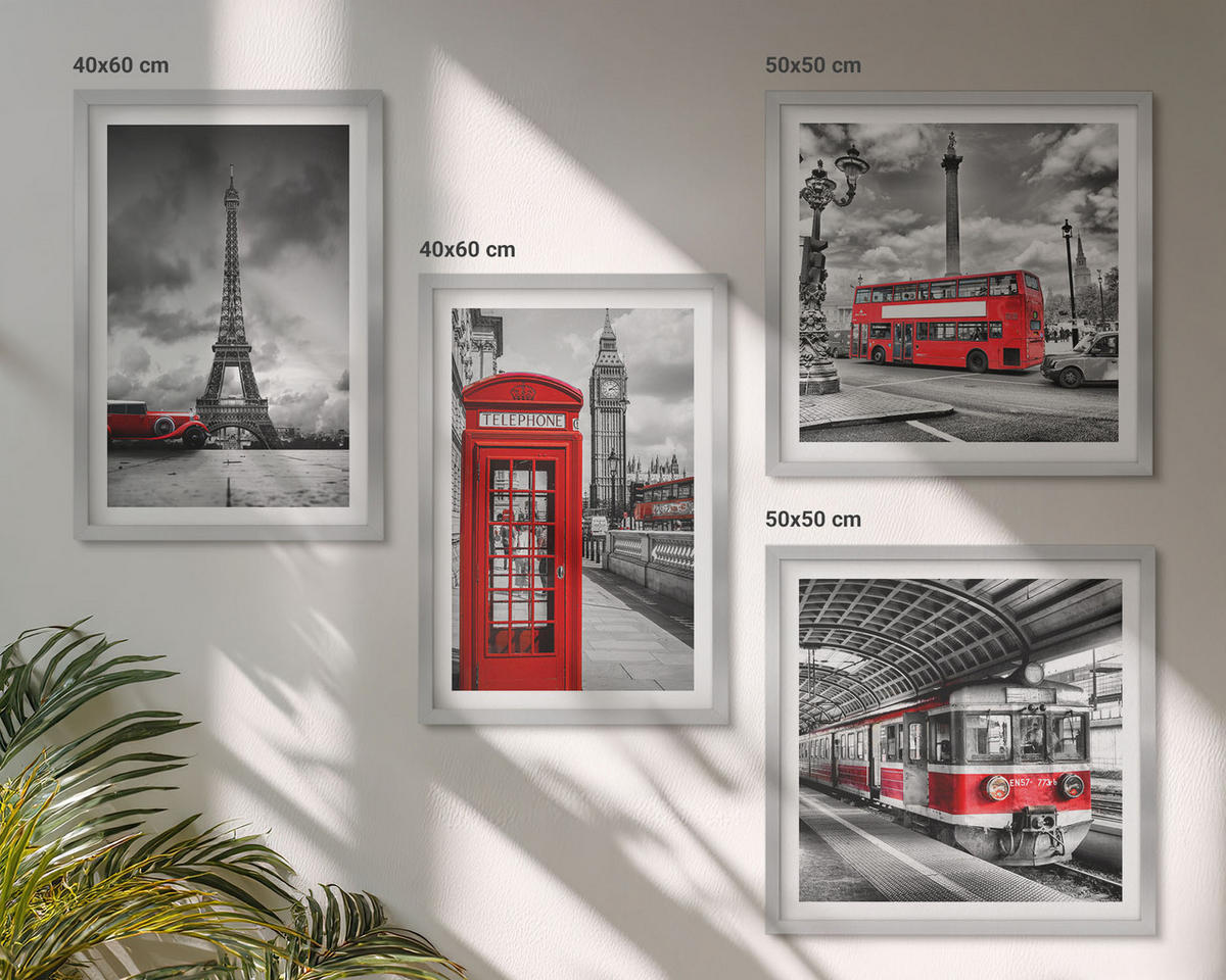 WANDBILDER 4er Set - 50x50 cm & 40x60 cm Silberner Rahmen - Ikonische Städte London Paris Eisenbahn - Silberfarben, Kunststoff (50/50cm) - ArtPrintCave