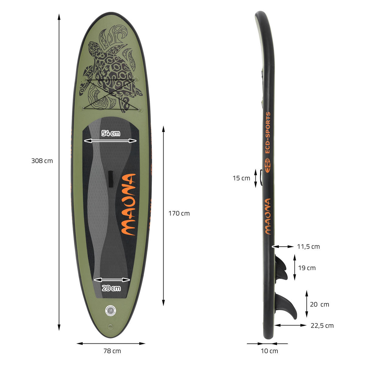 STAND UP PADDLE BOARD Maona Olive - Olivgrün, Kunststoff (308/78/10cm) - ECD-Germany