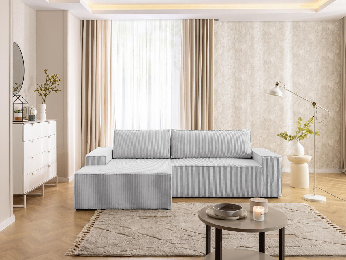 ECKSOFA Rivio mit Schlaffunktion und Bettkasten, Cordstoff Hellgrau - Hellgrau/Schwarz, Holz/Kunststoff (149/262cm) - S-Style