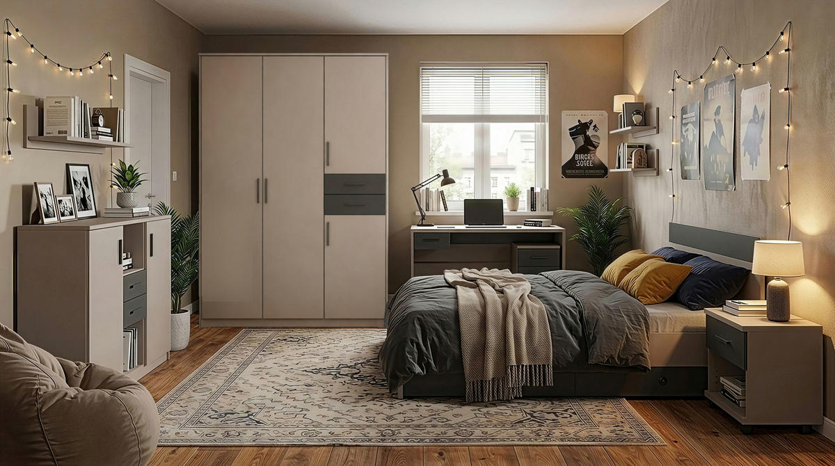 JUGENDZIMMER Bahamas Saharagrau- Grafit 7 teilig mit Drehtürenschrank - Grau, Holzwerkstoff (80/200/120cm)